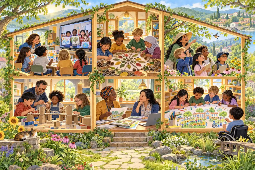 Six illustrated scenes of supervised classroom exchanges, nature art, outdoor discovery, making models, teachers sharing ideas and children designing a welcoming school.