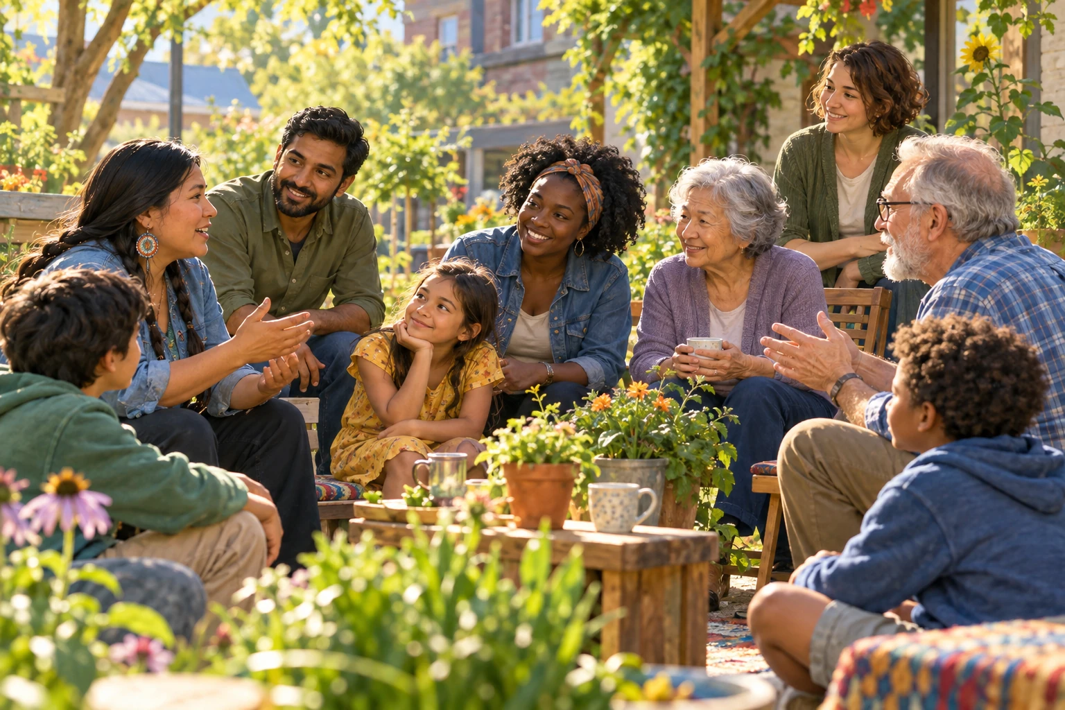 Neighbours of different ages and backgrounds exchange ideas in a garden courtyard.