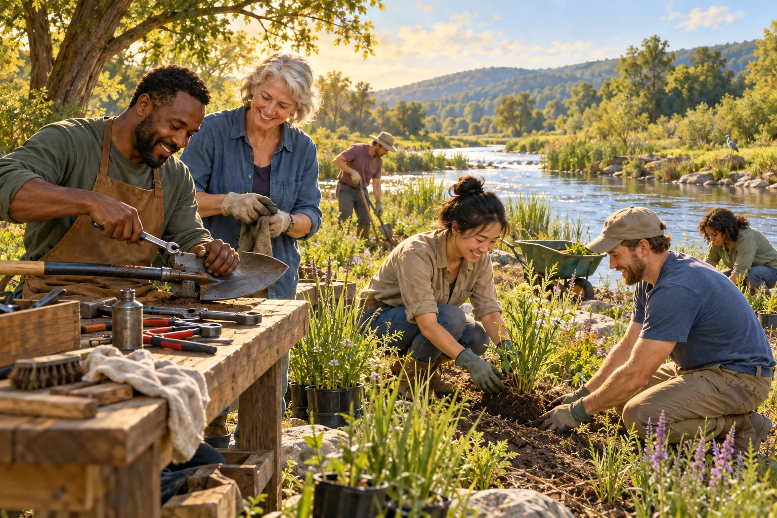 People from different backgrounds plant along a riverbank and repair tools together.