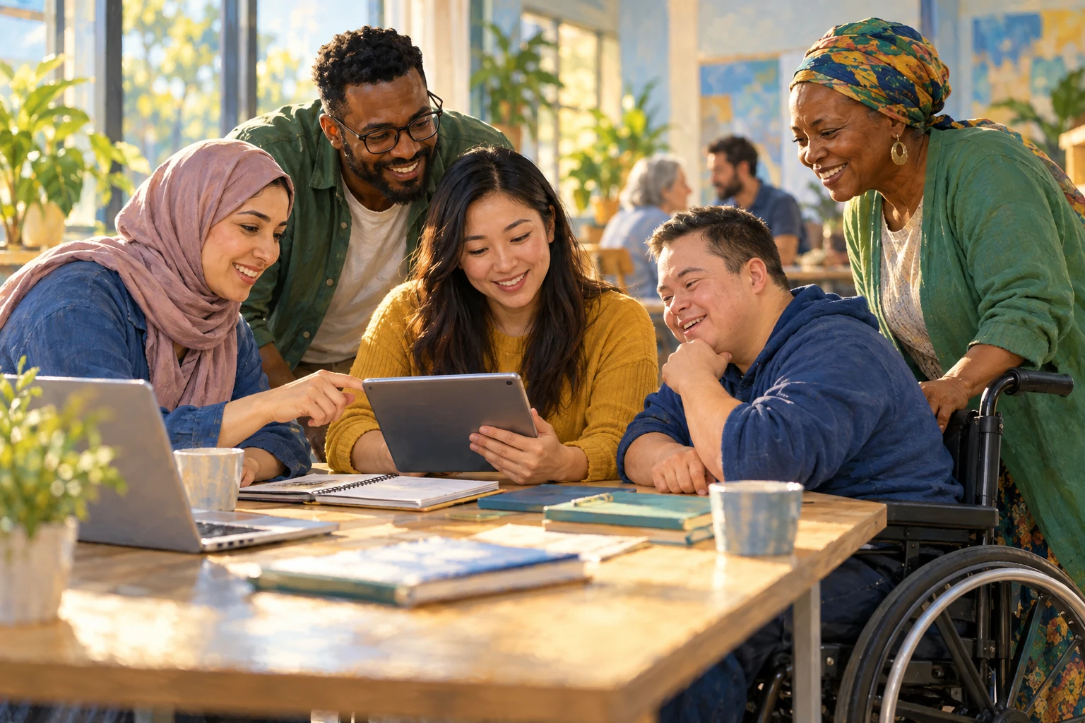 People collaborate with a tablet and accessible technology in a bright community workshop.