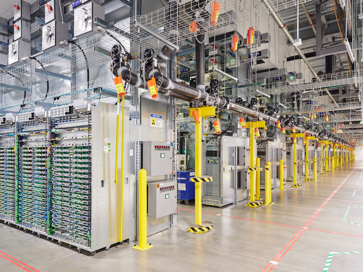 Inside Google’s New Albany facility, Ohio, United States: rows of computing equipment.