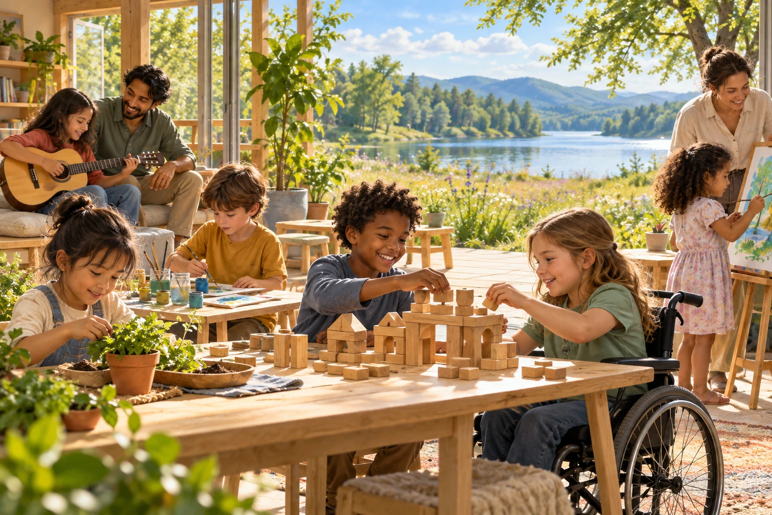 Illustration of children exploring art, music, building and plants with adults.