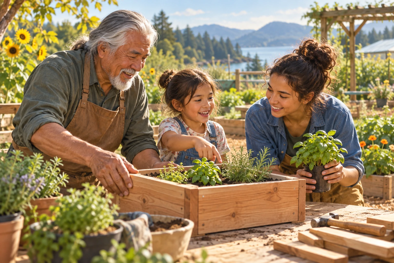 An elder, an adult and a child share practical knowledge in a community garden workshop.