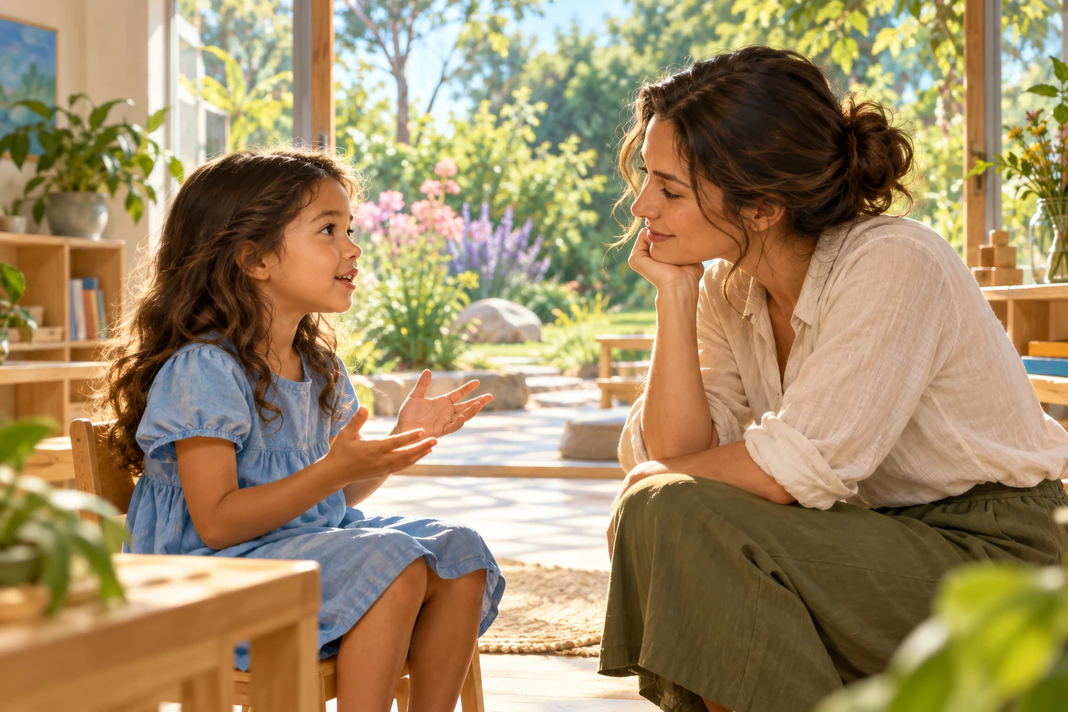 A teacher listens attentively to a child at eye level in a classroom beside a garden.