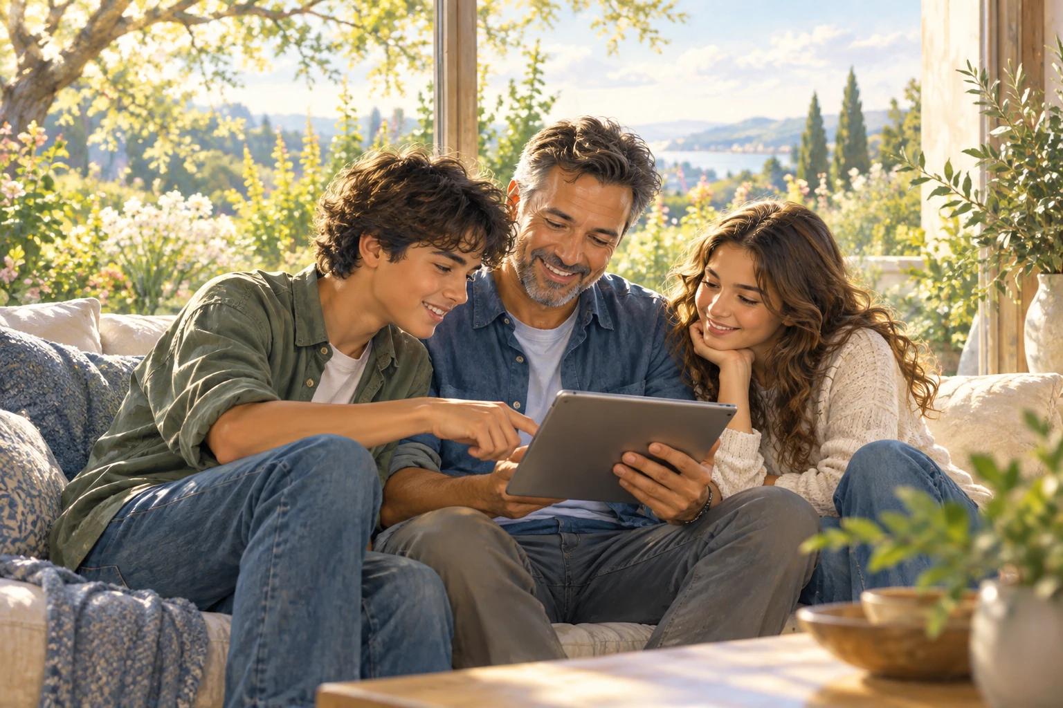 A family explore a tablet together, with conversation and human connection at the centre.