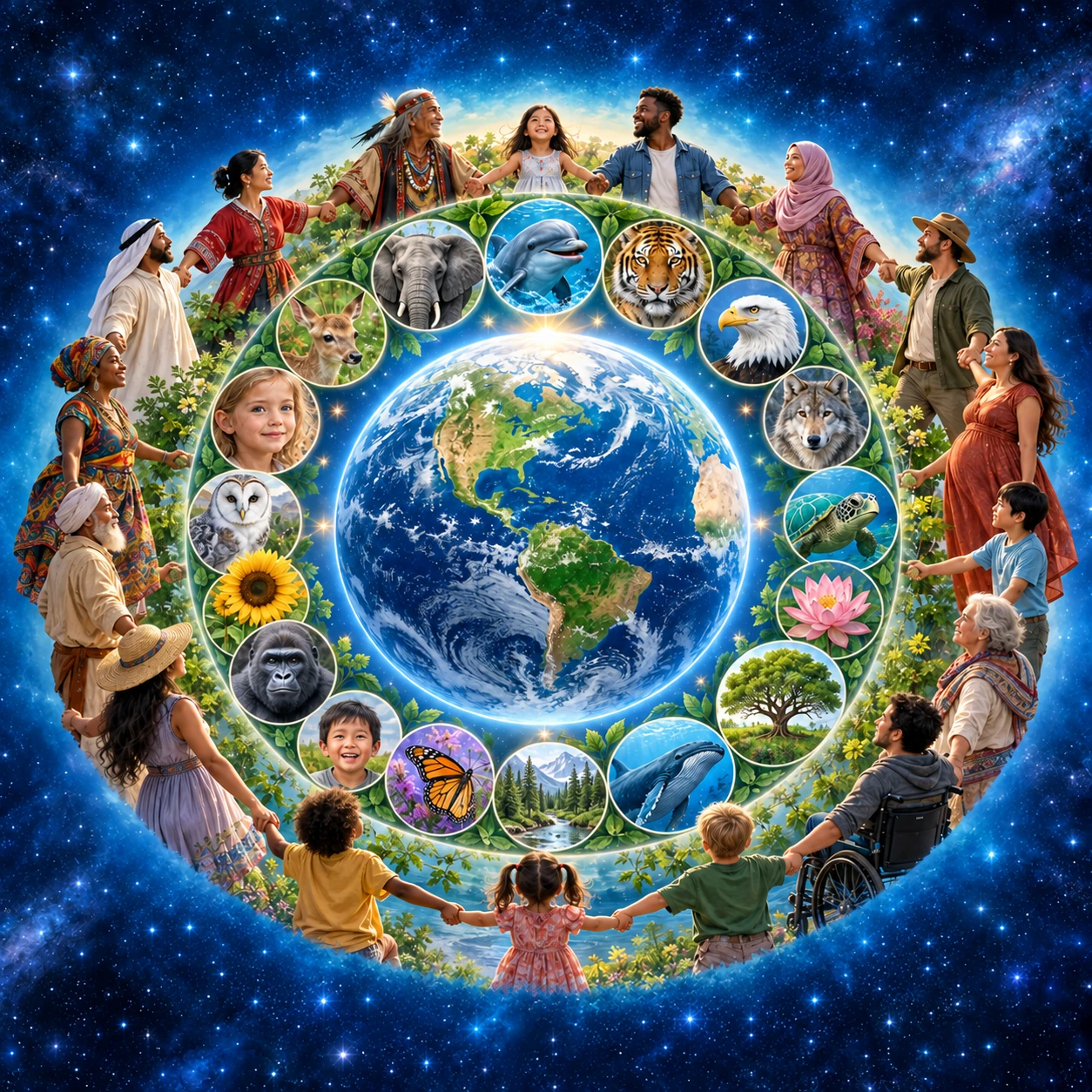Earth surrounded by portraits of people, animals and plants, with an outer circle of diverse people holding hands.