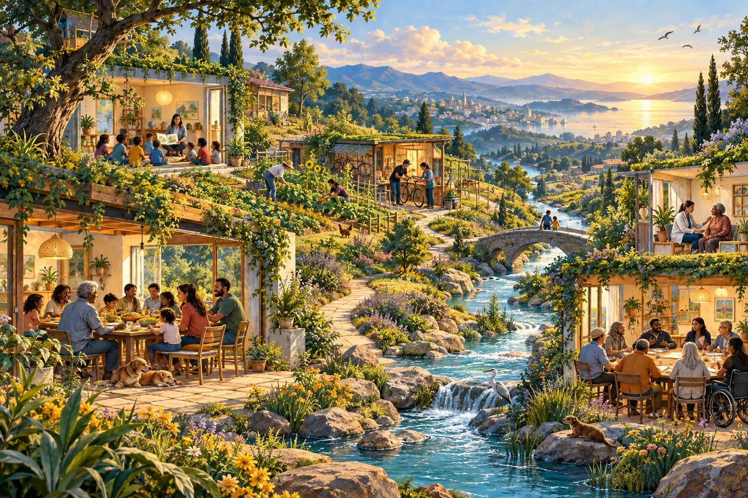 A symbolic shared world with interconnected homes and rooms where diverse people learn, grow food, care for others and work together.