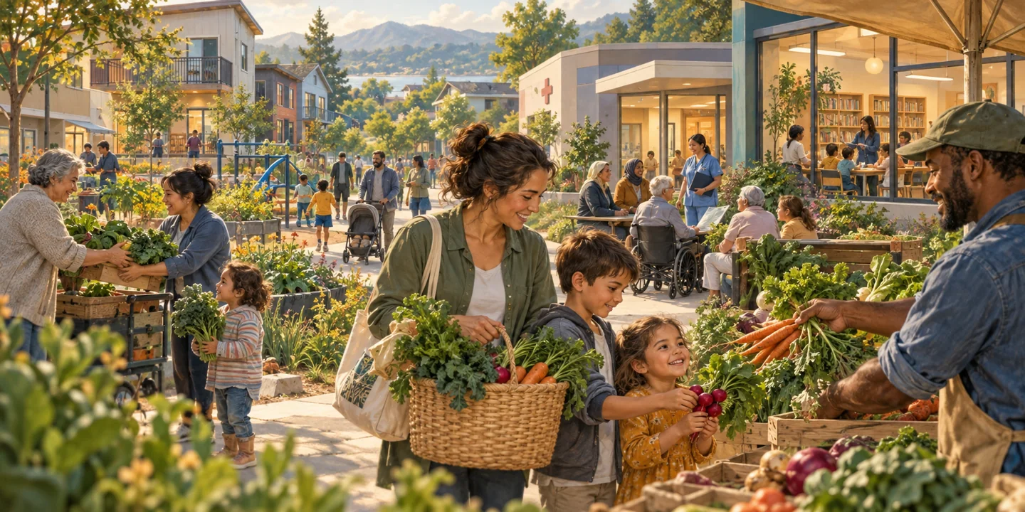 Families and neighbors share food in a community with housing, healthcare and learning spaces.
