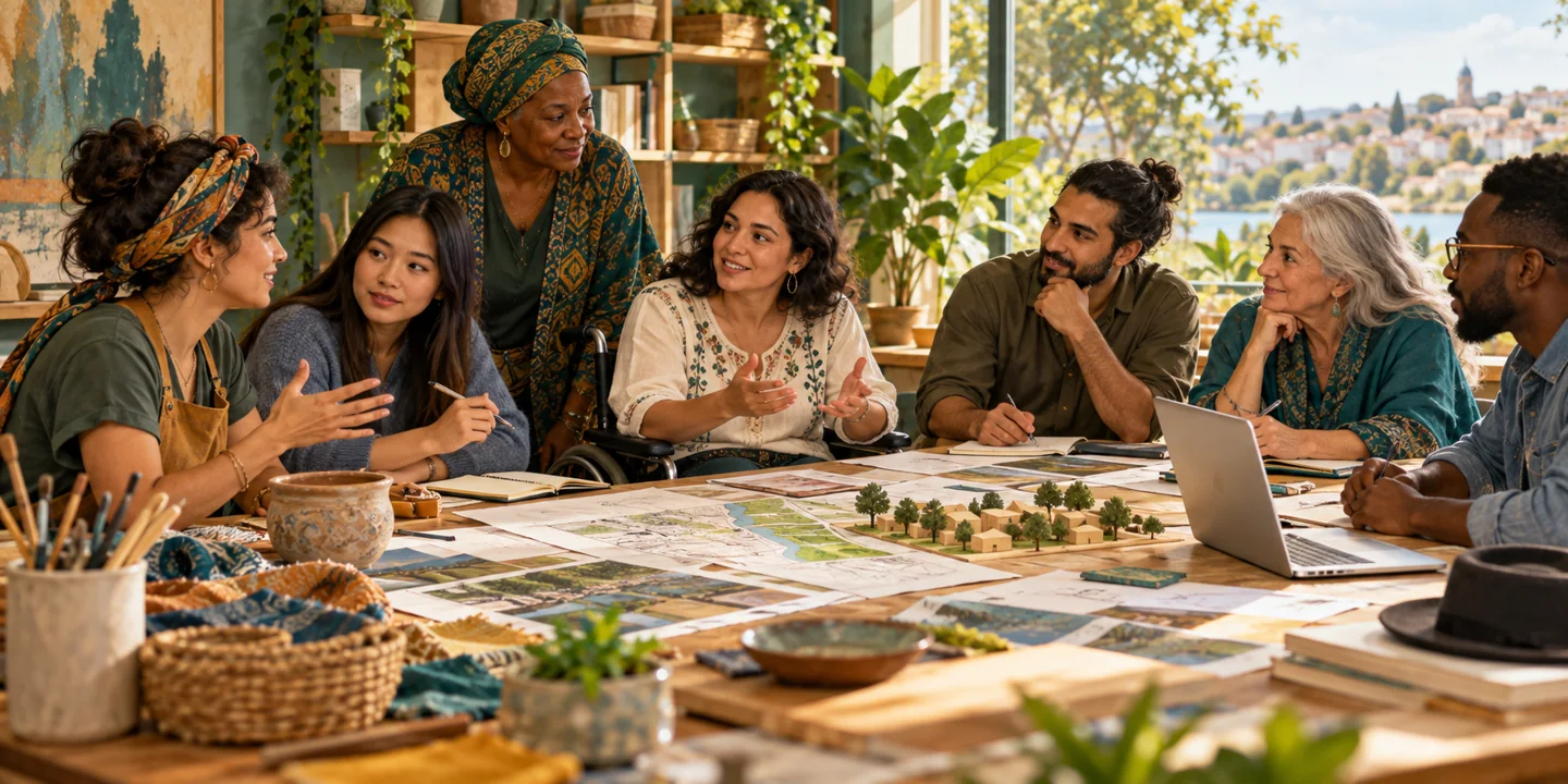 Women and men of different ages and backgrounds plan community improvements together.