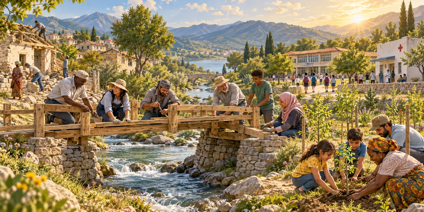 Neighbors rebuild a river footbridge and plant trees near homes, a school and a clinic.
