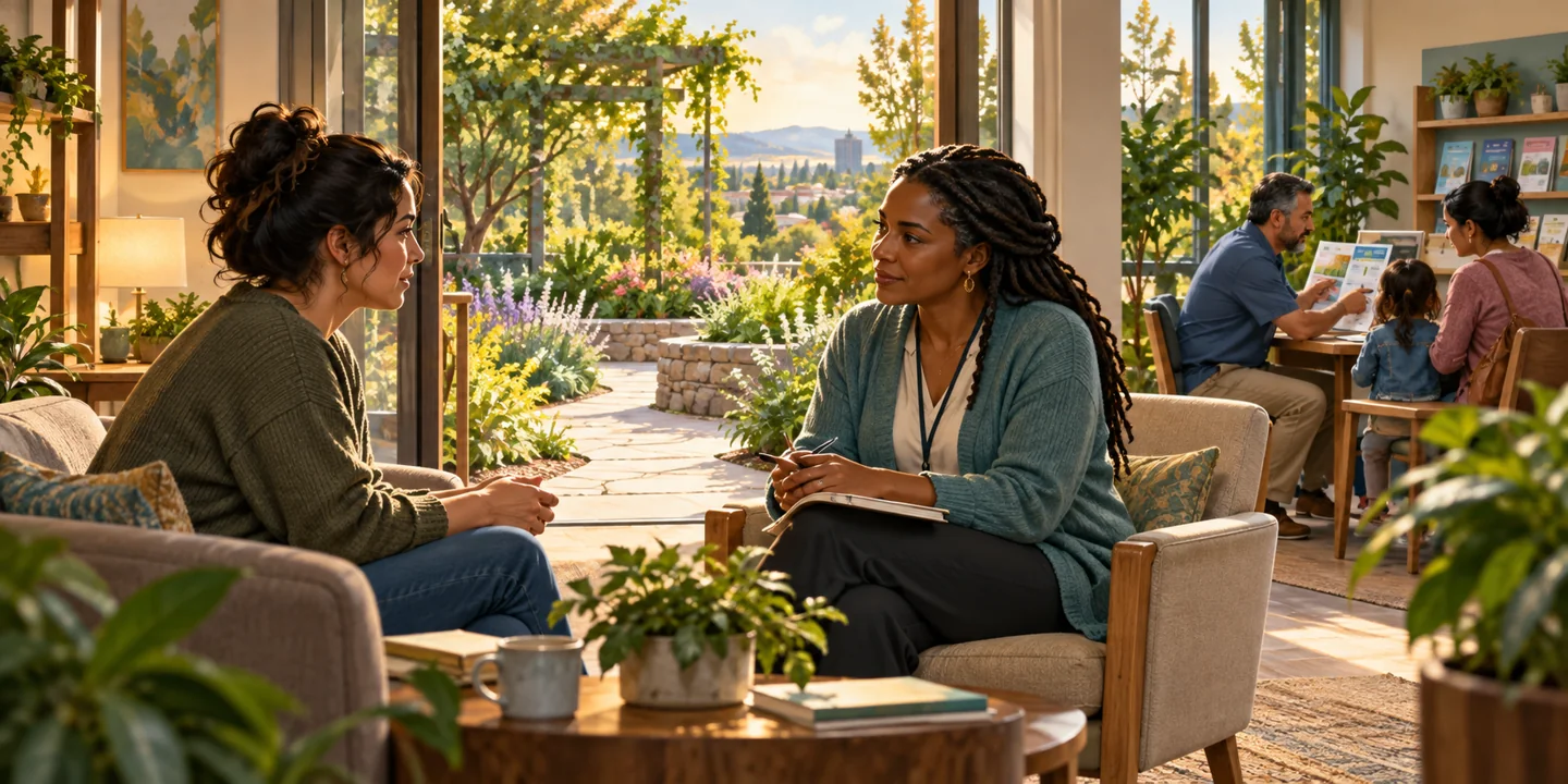 A counselor listens to an adult visitor in a welcoming support center beside a garden.