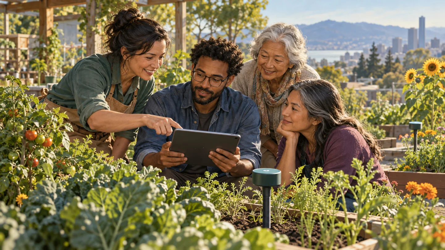 People of different generations examine a tablet and garden sensors together.