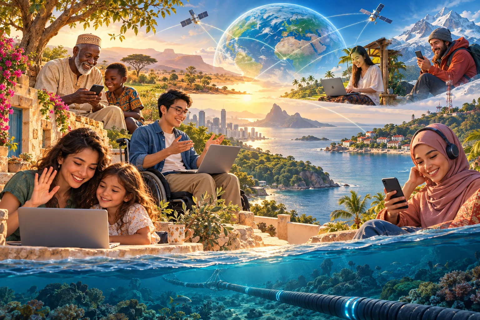 People of different backgrounds communicating across the world through phones and computers, with satellites, a communications tower and an undersea cable illustrated around Earth.