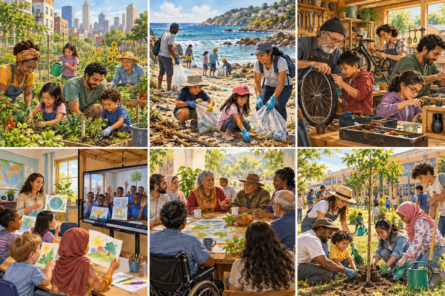 Diverse communities garden, care for a shore, repair useful things, exchange classroom art, listen and plant trees.