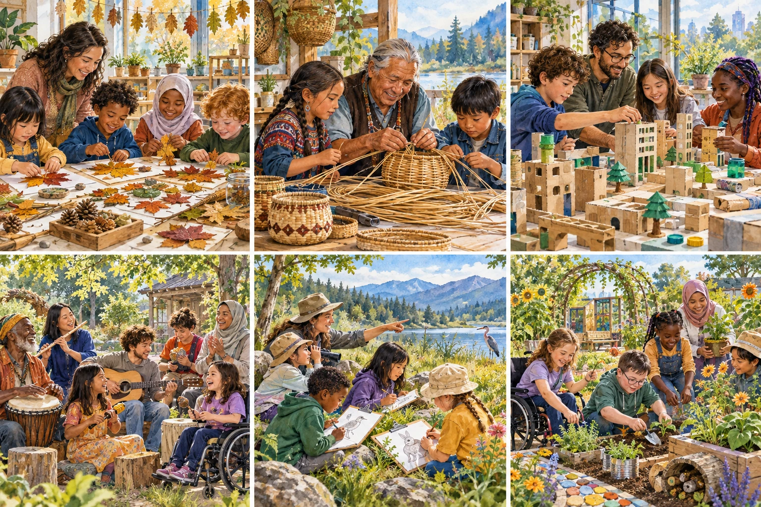Children and adults explore leaf art, weaving, cardboard models, music, wildlife drawings and a welcoming school garden.