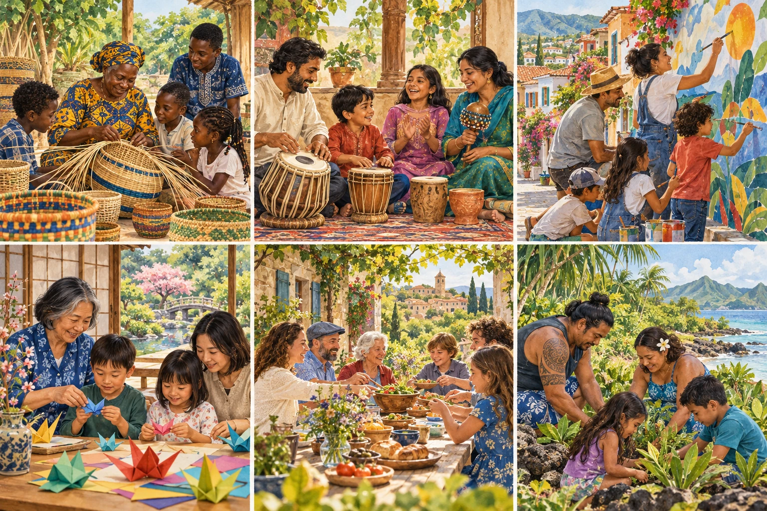 People sharing music, food, weaving, paper crafts, art and gardening across six illustrated community scenes.
